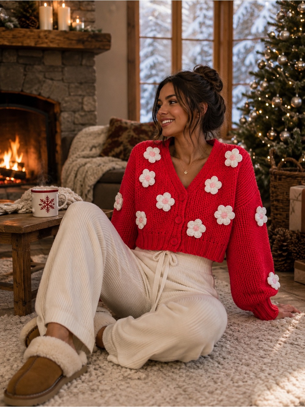XS - LUNA IVY - Red Cropped Cardigan with White Flower Appliqués